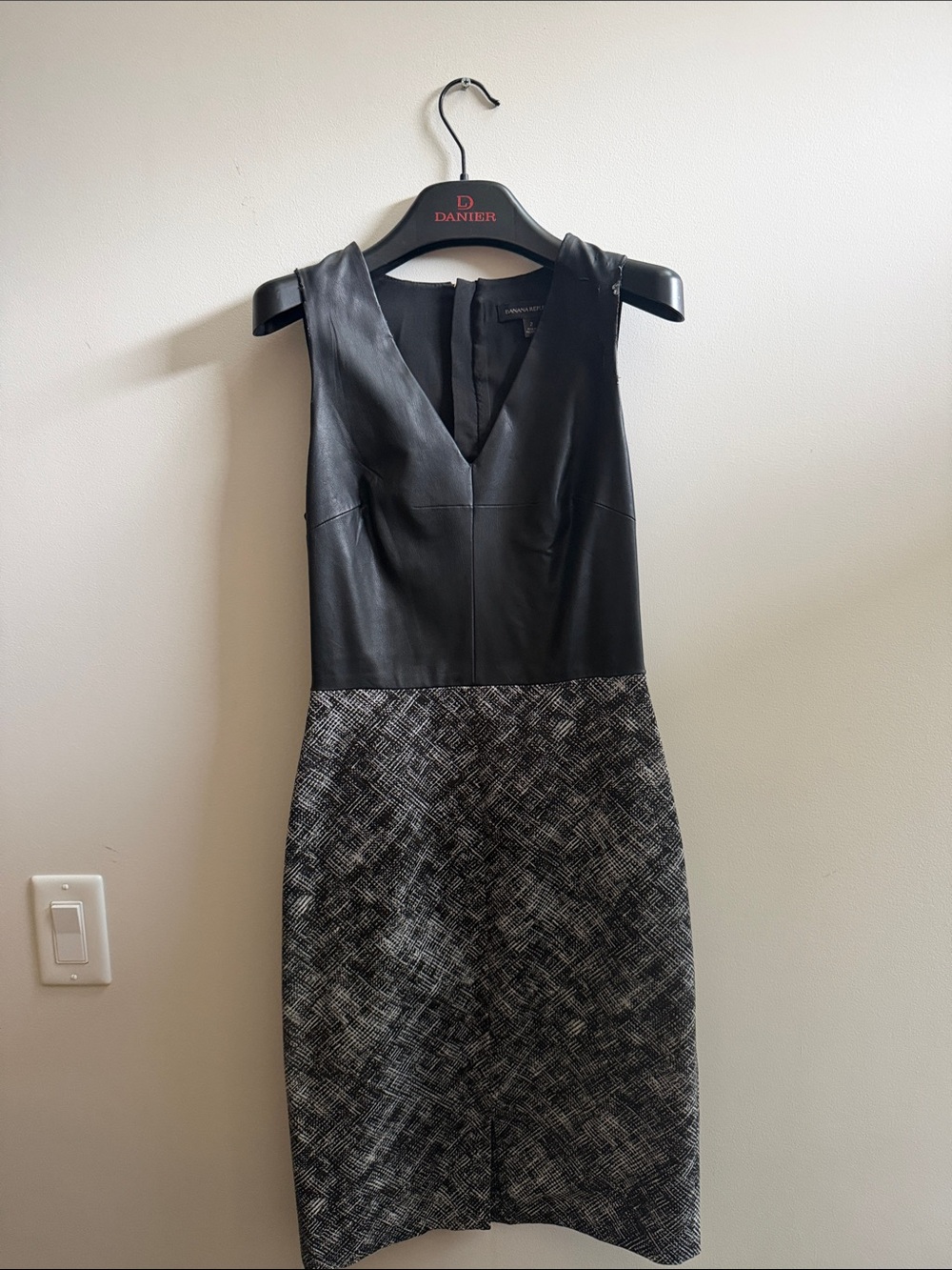 Banana Republic Black Faux Leather & Gray Tweed Midi Dress
